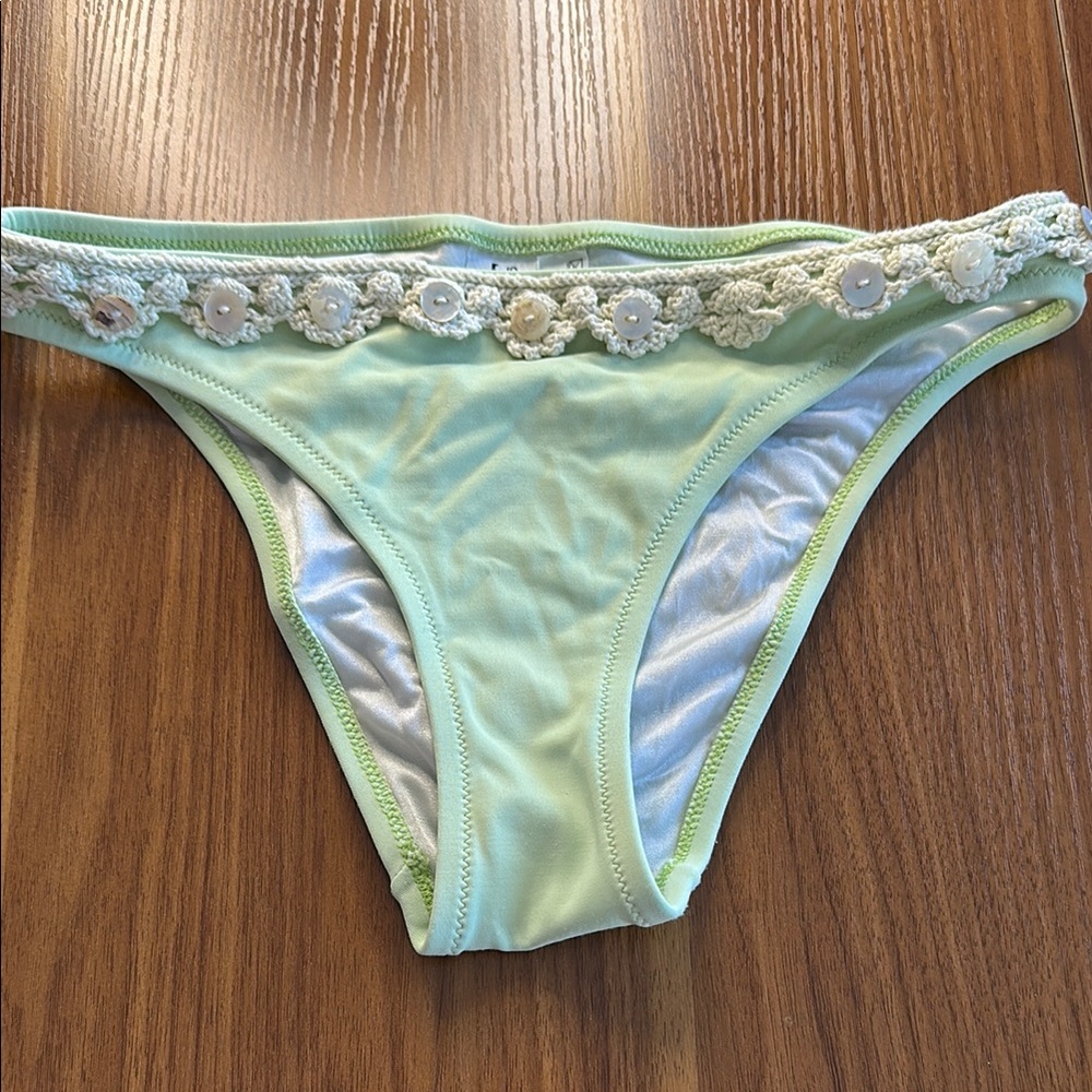 Pale Green Bikini Bottoms with Crochet Floral Trim and Pearl Button Accents 👽 👽
